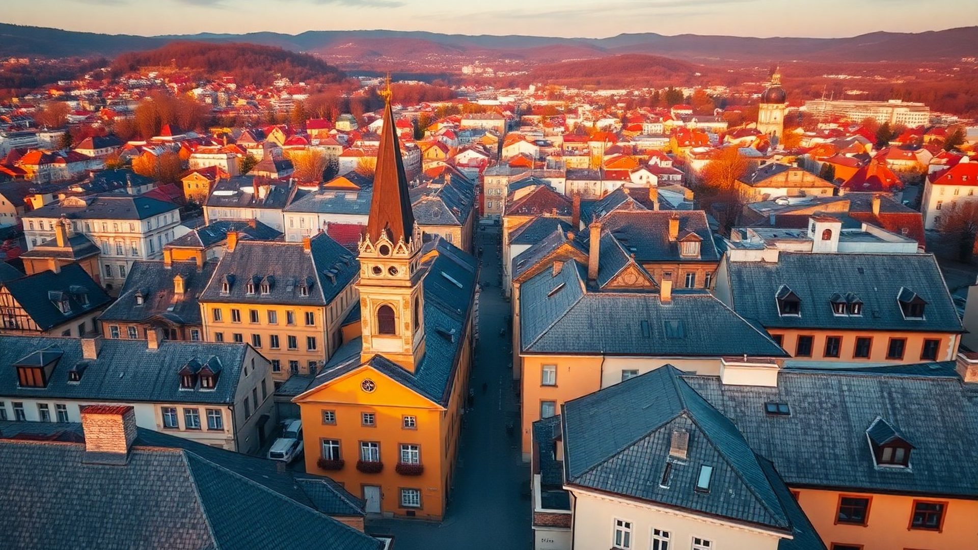 Vedere aeriană a Brașovului în lumină caldă